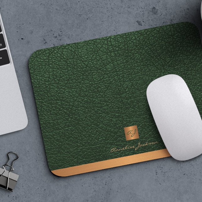 Elegant green leather gold initial monogrammed mouse mat (Creator Uploaded)