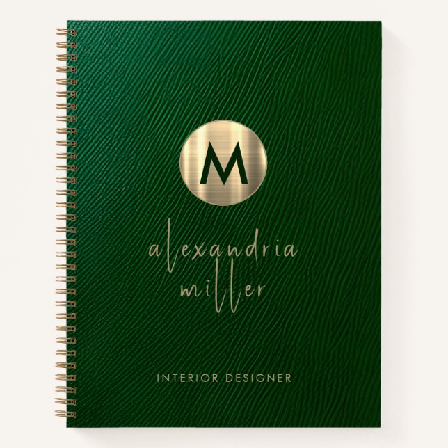 Elegant Green Leather Gold Monogram Notebook (Front)