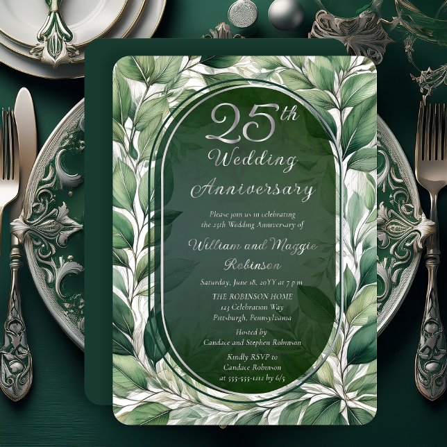 Elegant Green Leaves 25th Wedding Anniversary (Elegant Green Leaves Foliage Frame Luxury 25th Wedding Anniversary Silver Foil Invitation)