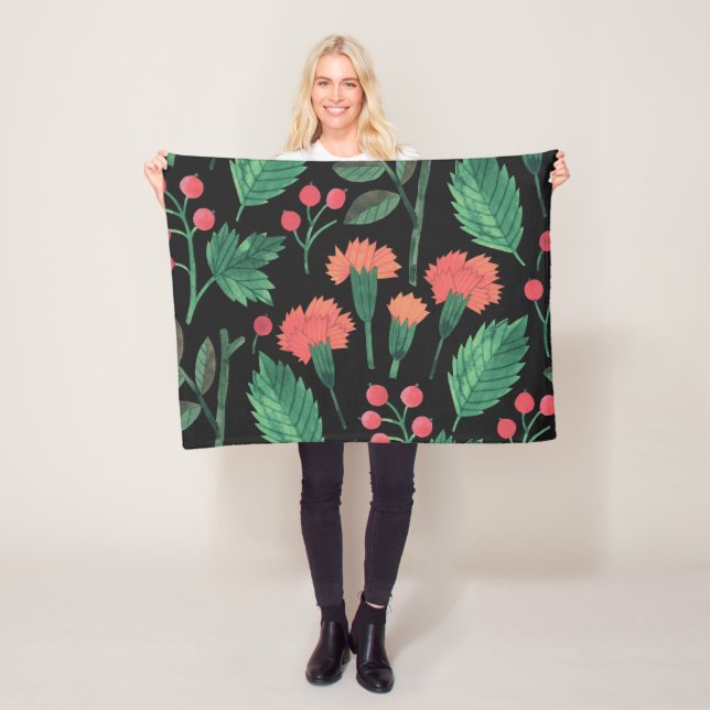Elegant Green Leaves and Flowers | Fleece Blanket (In Situ)