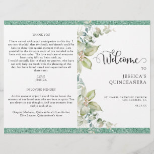 Elegant Green Leaves, Glitter Quinceañera Program