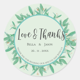 Elegant Green Leaves Greenery Wedding Thank You Classic Round Sticker