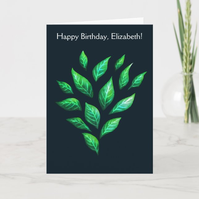 Elegant Green Leaves Nature Lover Name Birthday Card (Front)