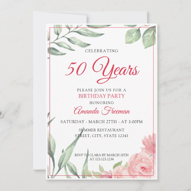 Elegant Green Leaves & Pink Rose Mum Birthday Invitation (Front)