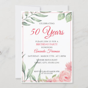 Elegant Green Leaves & Pink Rose Mum Birthday Invitation