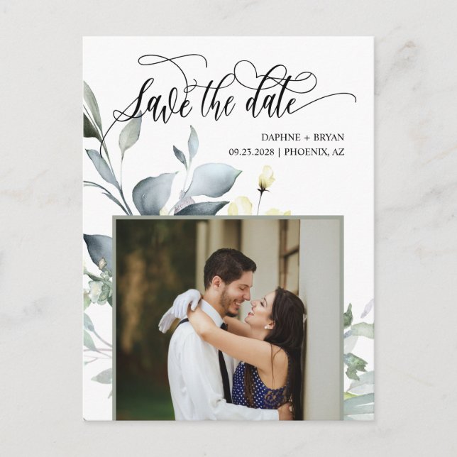 Elegant Green Leaves QR Code Photo Save the Date Announcement Postcard (Front)