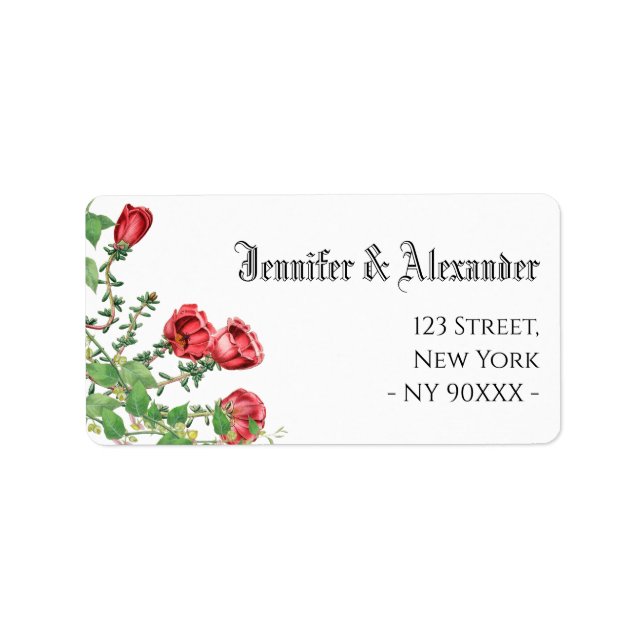 Elegant green leaves red flower address name label (Front)