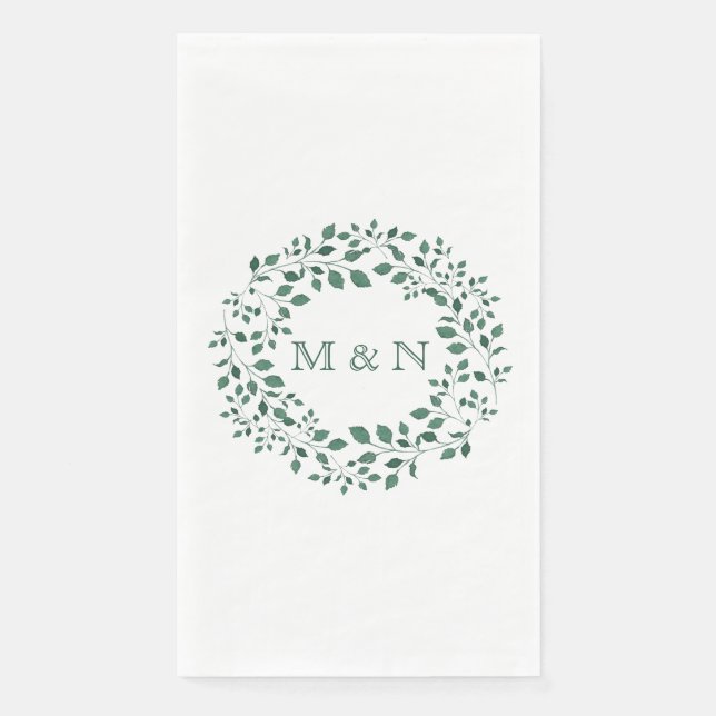Elegant Green Leaves Watercolor Wreath Monogrammed Napkin (Front)