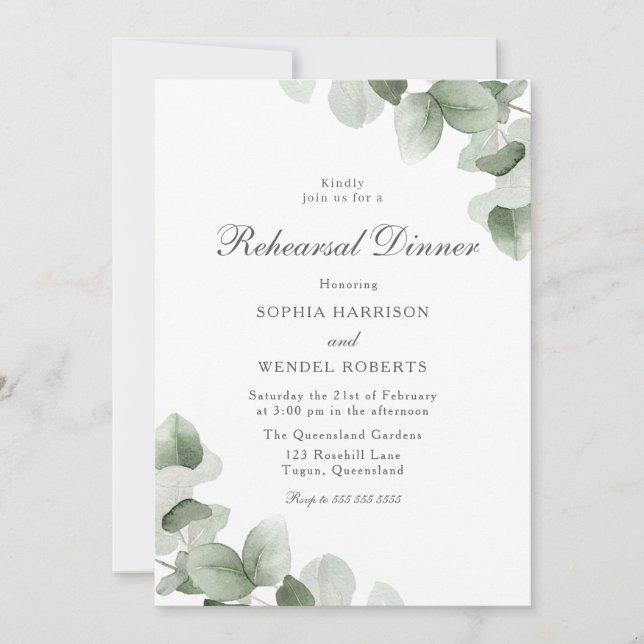 Elegant Green Leaves Wedding Rehearsal Dinner Invitation (Front)