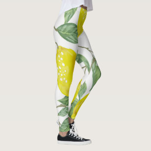 Elegant Green Leaves & Yellow Lemons   Leggings
