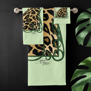 Elegant Green Leopard Botanical Henna Bath Towel Set