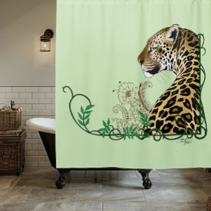 Elegant Green Leopard Botanical Henna Shower Curtain