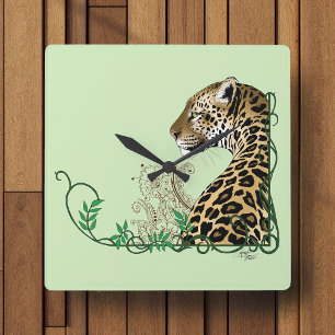 Elegant Green Leopard Botanical Henna Square Wall Clock