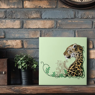 Elegant Green Leopard Botanical Henna Tile
