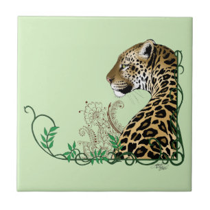 Elegant Green Leopard Botanical Henna Tile