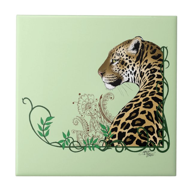 Elegant Green Leopard Botanical Henna Tile (Front)
