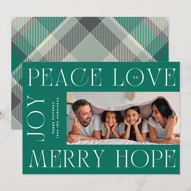 Elegant Green Letters MERRY JOY PEACE LOVE photo Holiday Card (Front/Back)