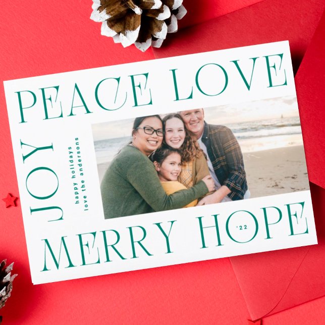 Elegant Green Letters MERRY JOY PEACE LOVE photo Holiday Card (Creator Uploaded)