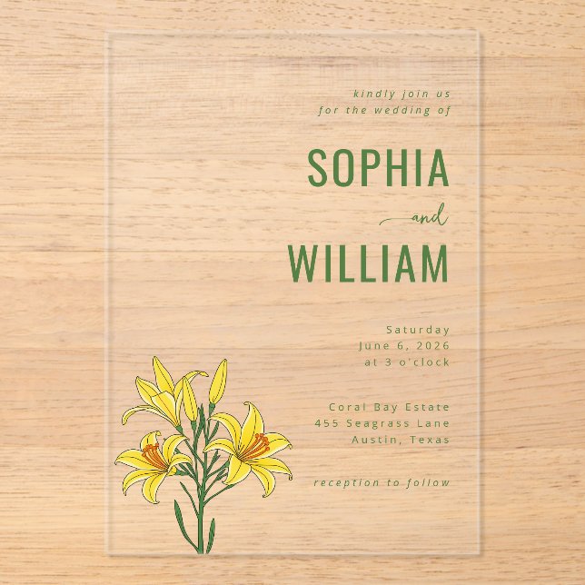 Elegant Green Lilies Acrylic Invitations (Front)