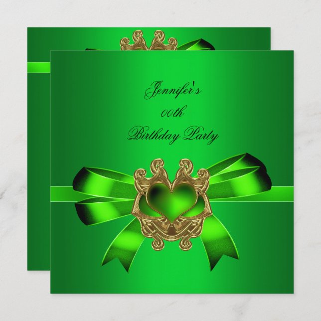 Elegant Green Lime Jewel Bow Birthday Party Invitation (Front/Back)