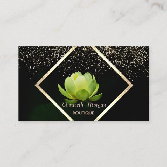 Elegant Green Lotus Confetti Business Card (Front)
