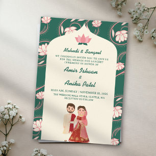 Elegant Green Lotus Lanterns Mehndi Sangeet Indian Invitation
