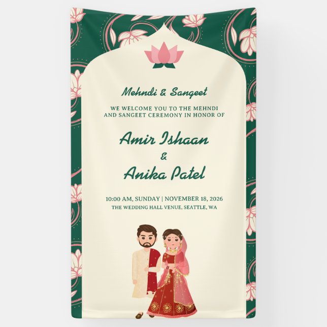 Elegant Green Lotus Lanterns Mehndi Sanget Indian Banner (Vertical)
