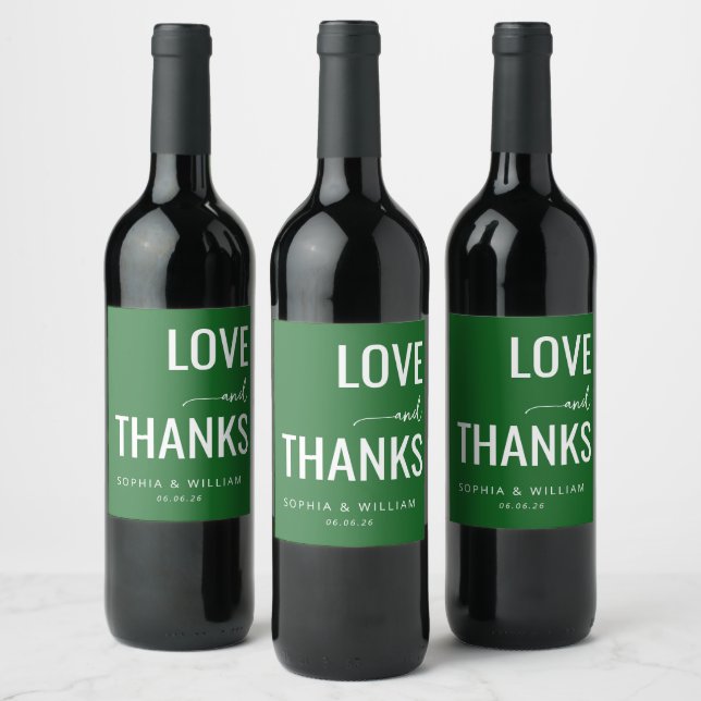 Elegant Green Love Thanks Wine Label (Bottles)