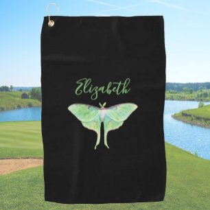 Elegant Green Luna Moth Custom Name Ladies Black Golf Towel