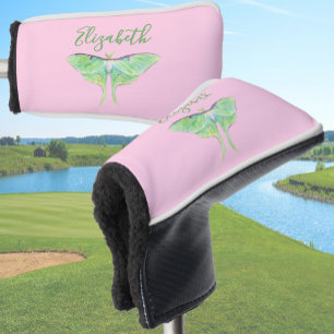 Elegant Green Luna Moth Custom Name Ladies Pink Golf Head Cover