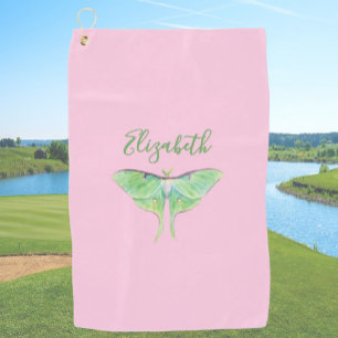 Elegant Green Luna Moth Custom Name Ladies Pink Golf Towel