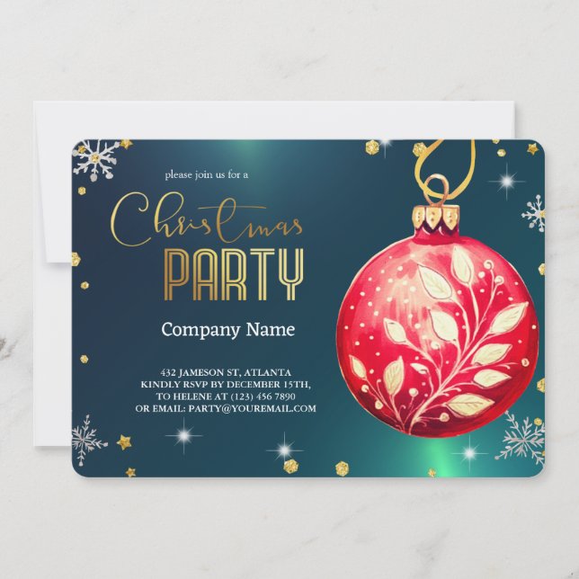 Elegant Green Magical Christmas,Red  Ornaments Invitation (Front)