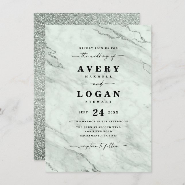 Elegant Green Marble & Glitter Wedding Invitation (Front/Back)