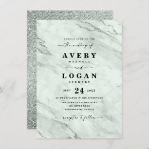 Elegant Green Marble & Glitter Wedding Invitation