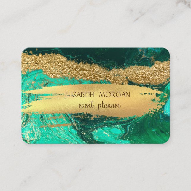 Elegant Green Marble Gold Foil Brush Stroke Business Card (Front)