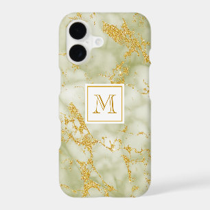 Elegant Green Marble Monogram Faux Gold Glitter