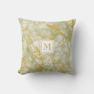 Elegant Green Marble Monogram Faux Gold Glitter Cushion