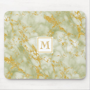 Elegant Green Marble Monogram Faux Gold Glitter Mouse Mat
