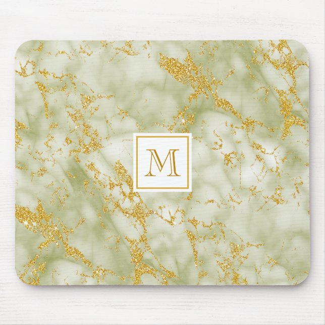 Elegant Green Marble Monogram Faux Gold Glitter Mouse Mat (Front)