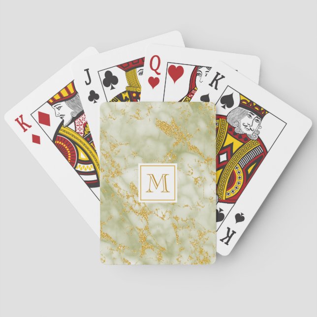 Elegant Green Marble Monogram Faux Gold Glitter Playing Cards (Back)