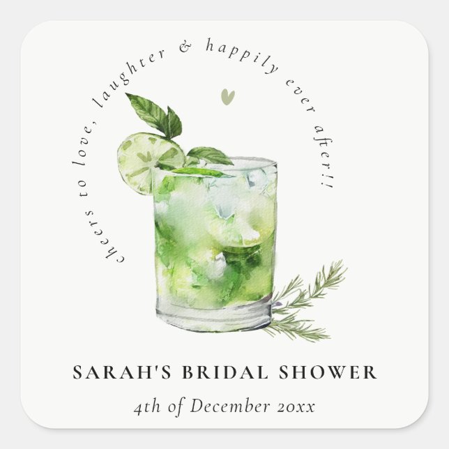 Elegant Green Margarita Cocktail Bridal Shower Square Sticker (Front)