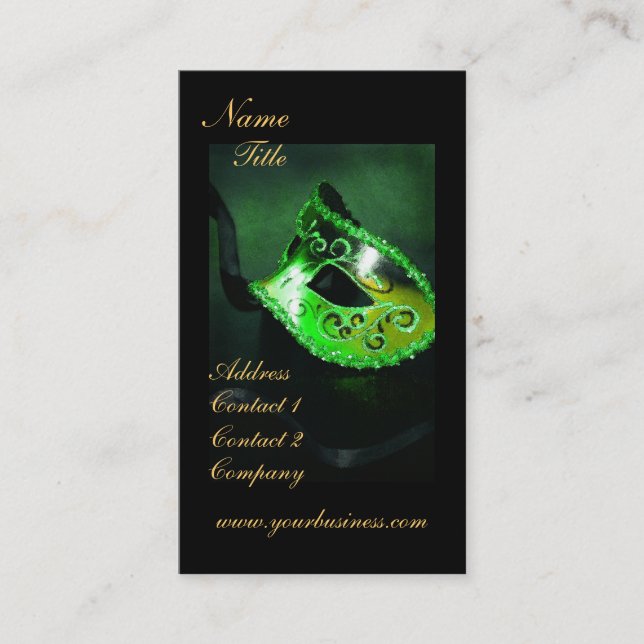 Elegant Green Masquerade Mask Business Card (Front)