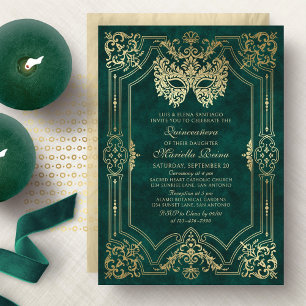 Elegant Green Masquerade Mask Quinceanera Invitation