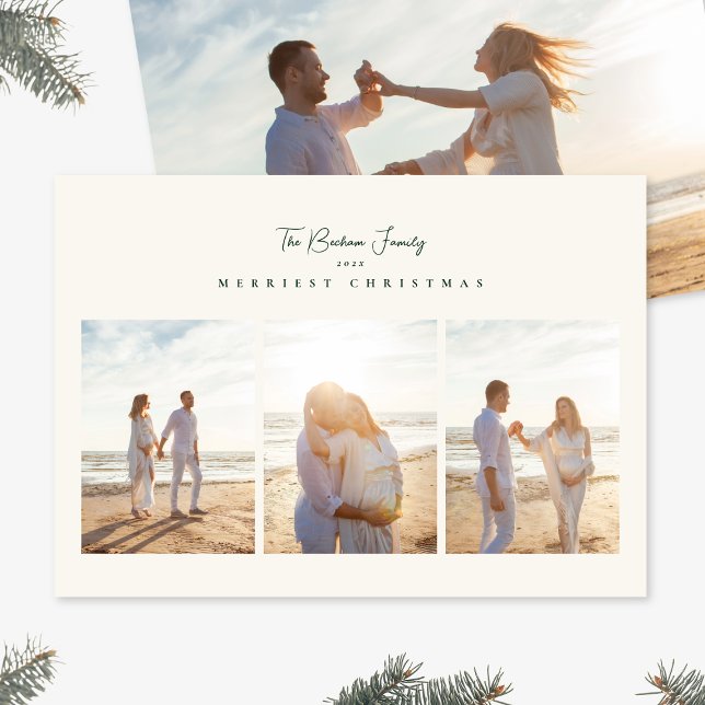 elegant green merriest christmas 3 photo collage holiday card (Creator Uploaded)