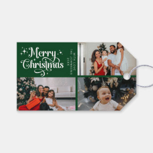 Elegant Green Merry Christmas Family Photo Collage Gift Tags