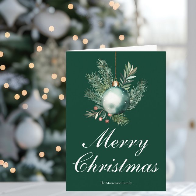 Elegant Green Merry Christmas Ornament Non Photo Holiday Card (Creator Uploaded)