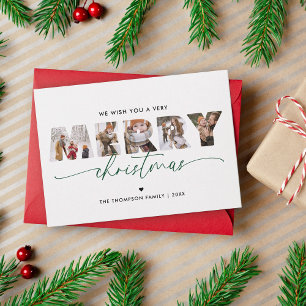 Elegant Green Merry Christmas Photo Collage Holiday Card