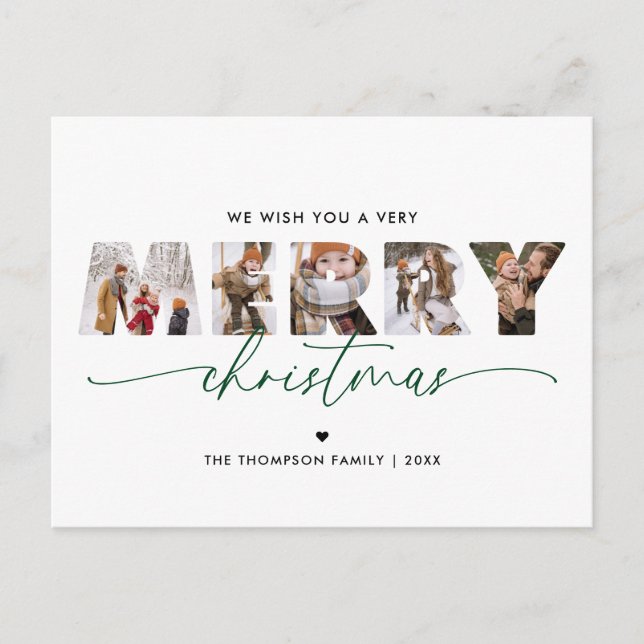 Elegant Green Merry Christmas Photo Collage Holiday Postcard (Front)