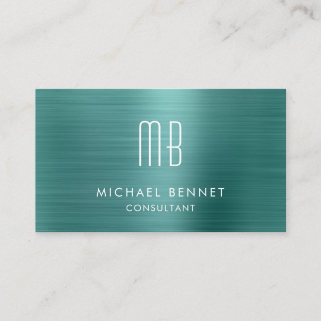 Elegant Green Metallic Monogram Consultant Business Card (Front)