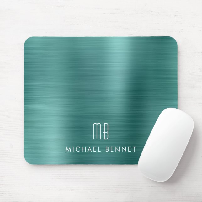 Elegant Green Metallic Monogram Name Mouse Mat (With Mouse)
